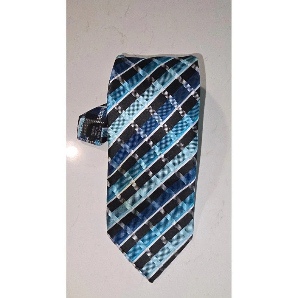Colours Alexander Julian Mens Blue Black Plaid Diagonal Stripe Hand Made Tie